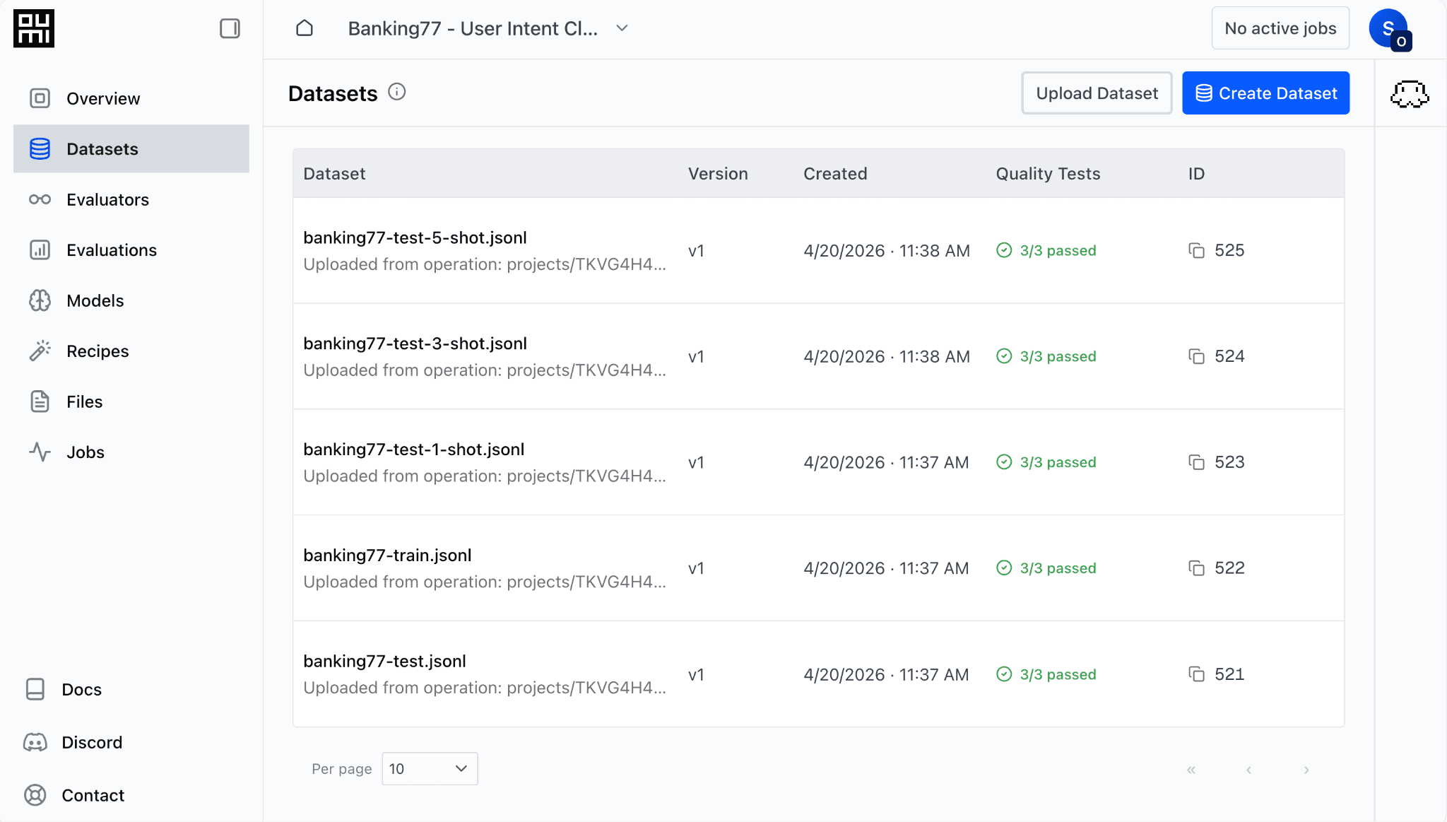 The Datasets tab of the Oumi Platform after upload, listing five Banking77 files — the train set and the zero-, one-, three- and five-shot test sets — each at version 1 with all three quality tests passed.