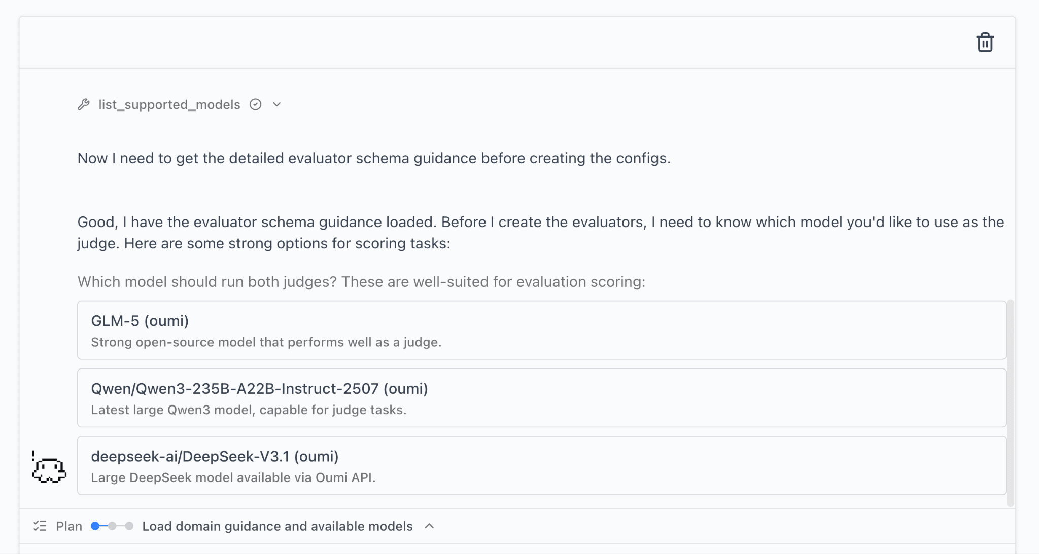 The Oumi Agent asking a clarifying question mid-task, offering GLM-5, Qwen3-235B-A22B-Instruct and DeepSeek-V3.1 as candidate models to run both judges.