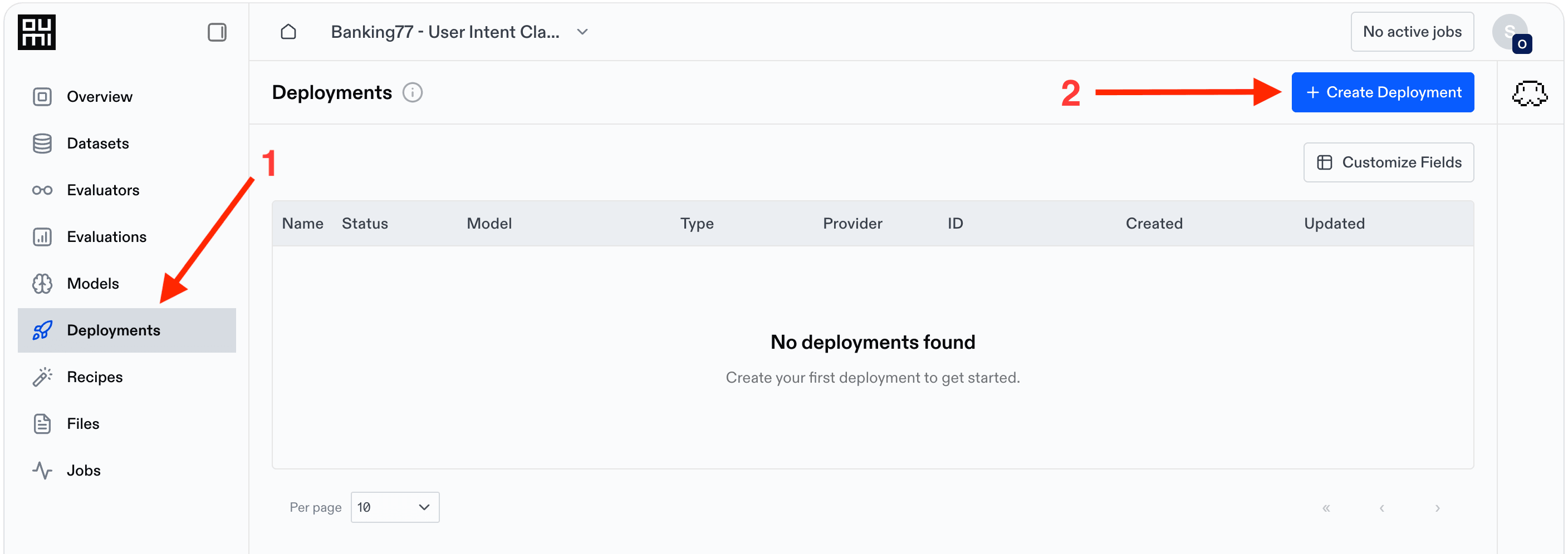 The Deployments page of the Oumi Platform with no deployments yet. Red arrows mark step 1, the Deployments item in the left sidebar, and step 2, the blue Create Deployment button at the top right.